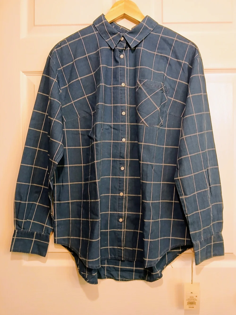 NWT A New Day Women's Long Sleeve Grid Plaid Button Down Shirt - Blue XL